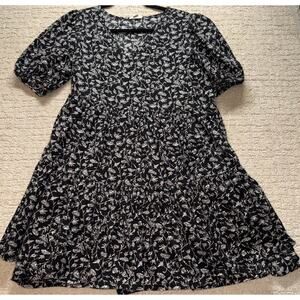 A.N.A Mini Dress Women's M Black Tina Floral 100% Cotton Pleated Short Sleeve